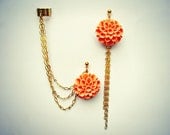 pink coral flower ear cuff and earrings, chain ear cuff, ear cuff with gold chains, asymmetrical earrings