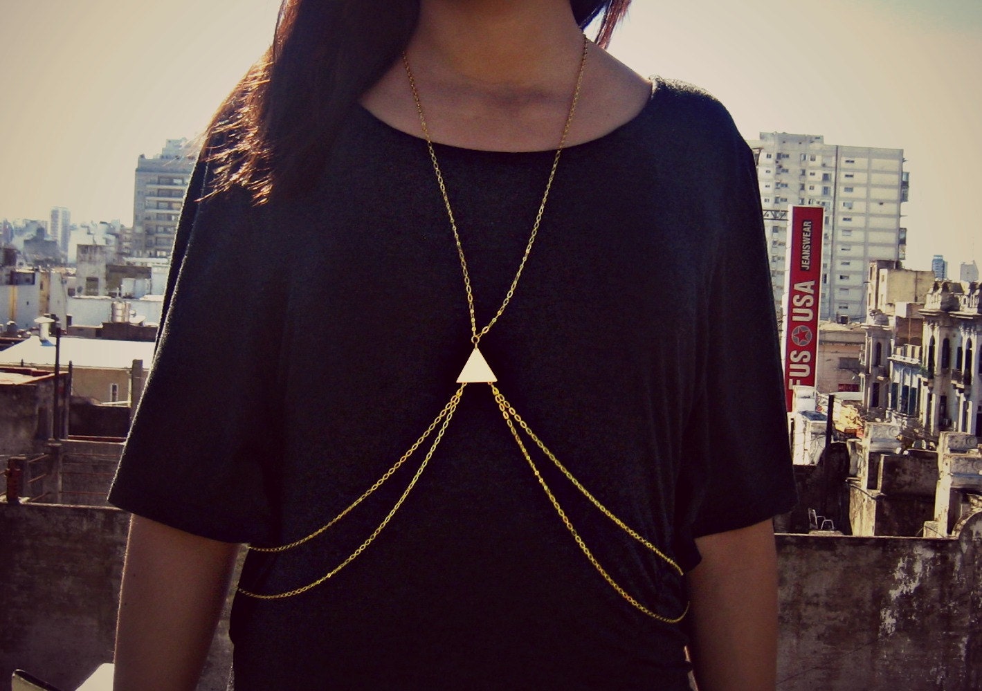 single triangle body chain, triangle necklace, geometric necklace, body harness, body jewelry, chain vest, statement necklace