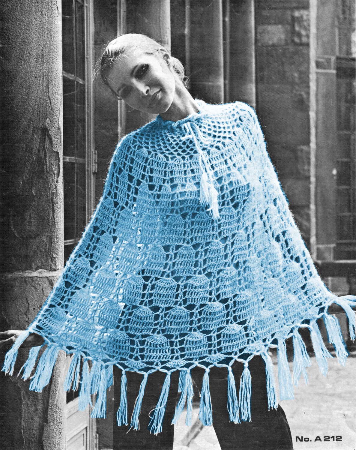 1970s Bell Shaped Lacy Poncho with High Neck - Crochet pattern PDF 0212