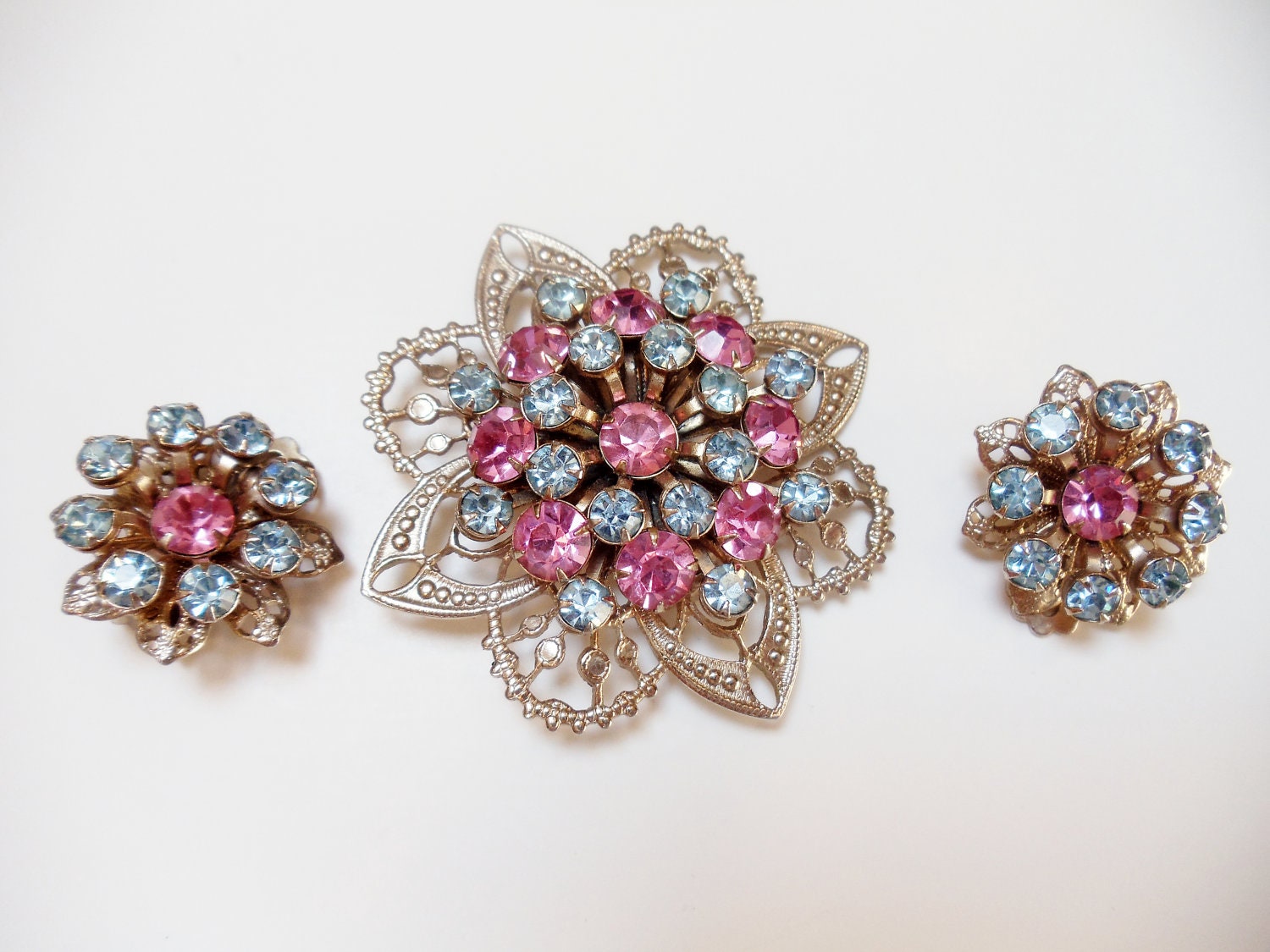 Vintage Parure Rhinestone Brooch and Earrings