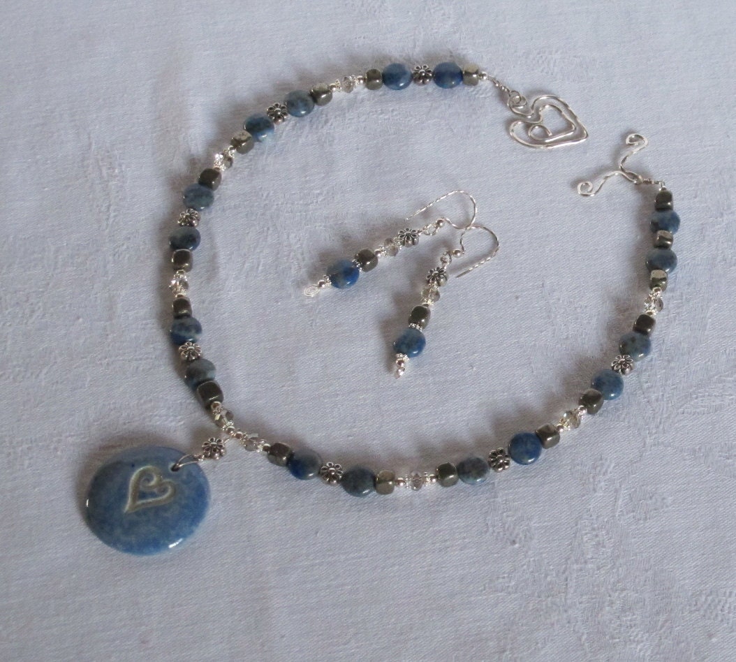 I HEART DENIM - Lapis Lazuli, Pyrite, Sterling Silver, Original Porcelain Pendant - Set