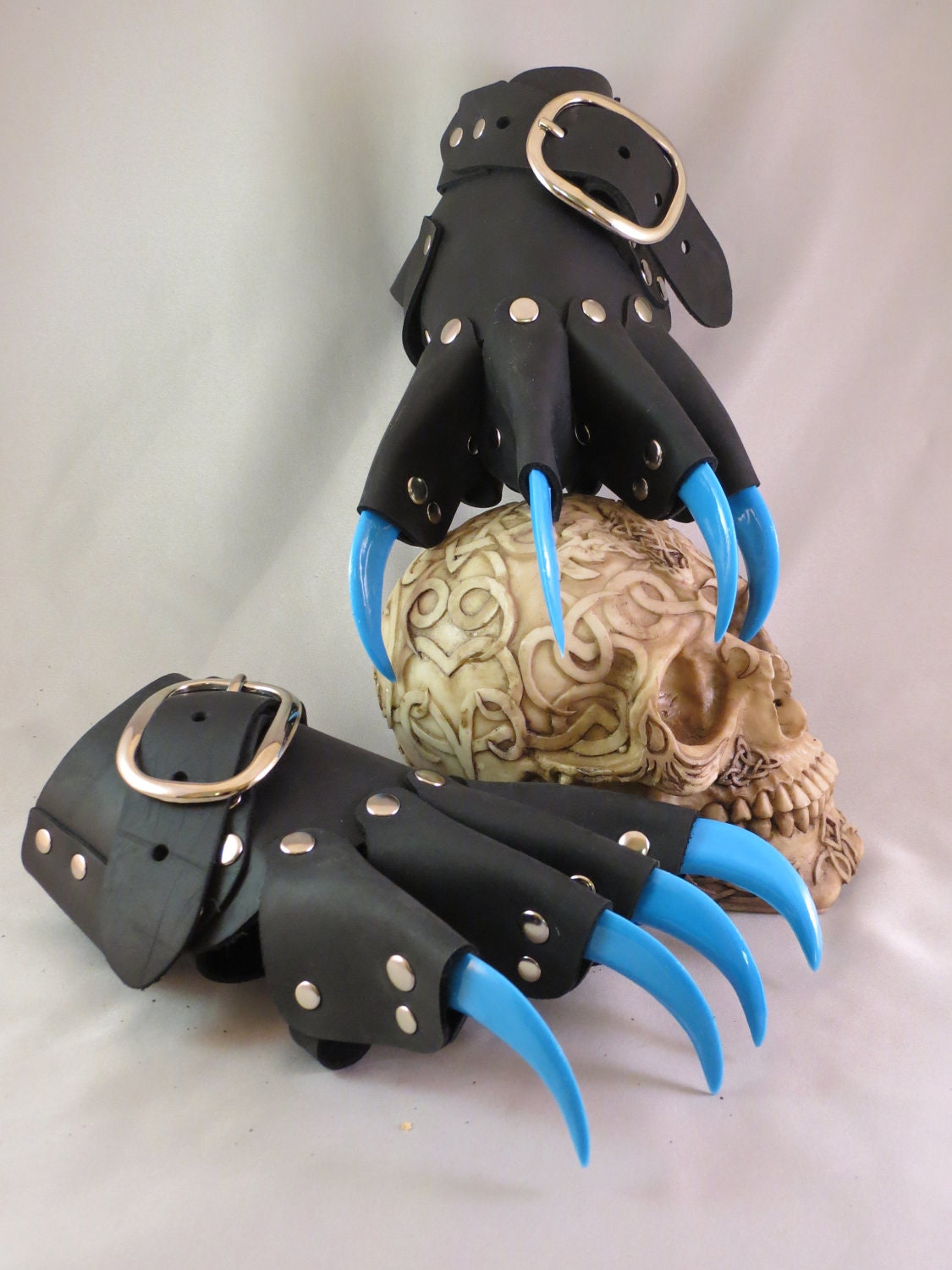 Black Leather Gothic Steampunk Blue Claw Gauntlets / Gloves