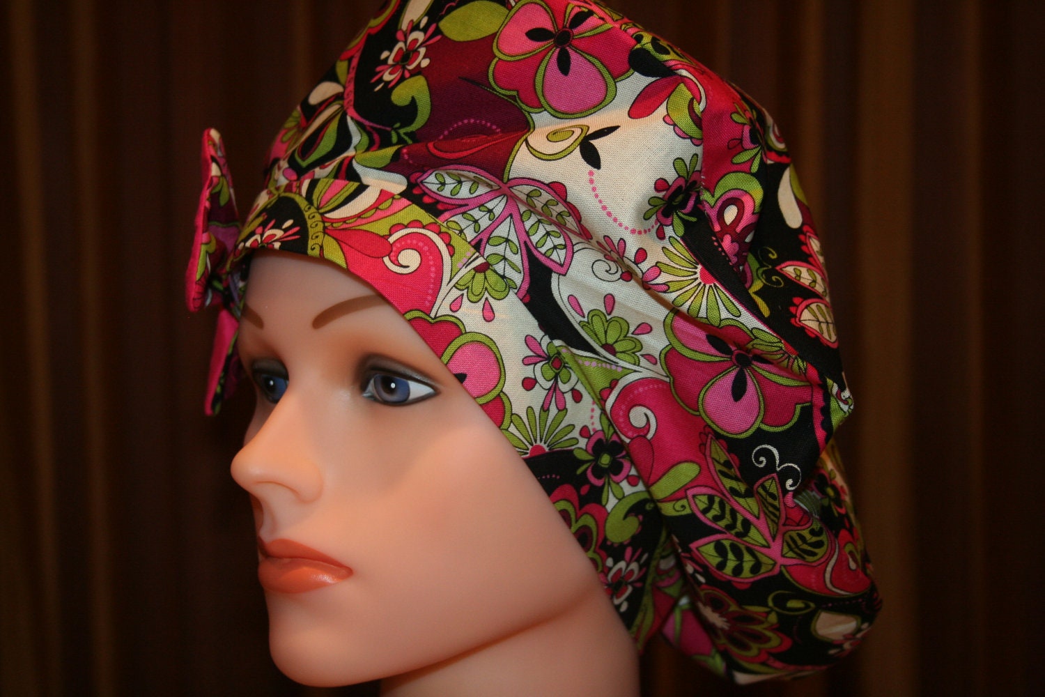 BOUFFANT Surgical Scrub Hat--Beret Style with Side Bow--Pink Paisley Floral Bouquet