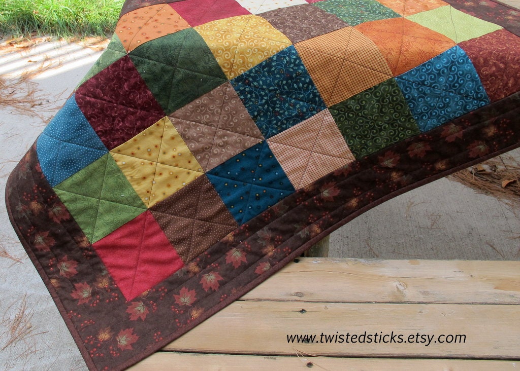 Autumn Patchwork table runner, Scrappy table runner, warm color palette