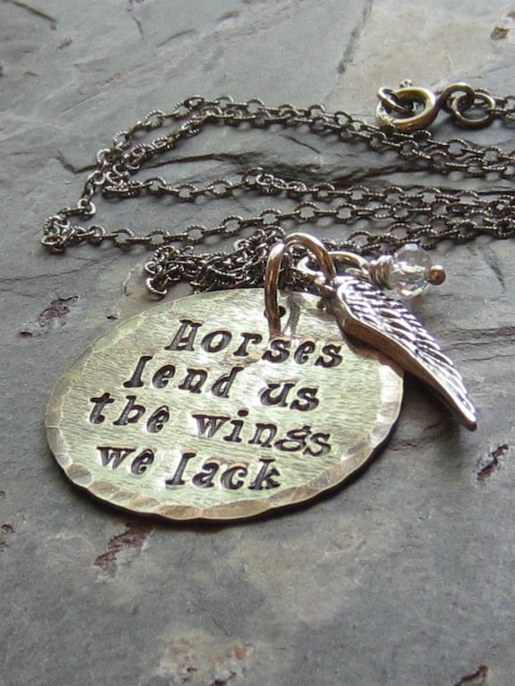 Handstamped Sterling Silver Horse Pendant-Wing Charm-Horses Lend Us The Wings We Lack