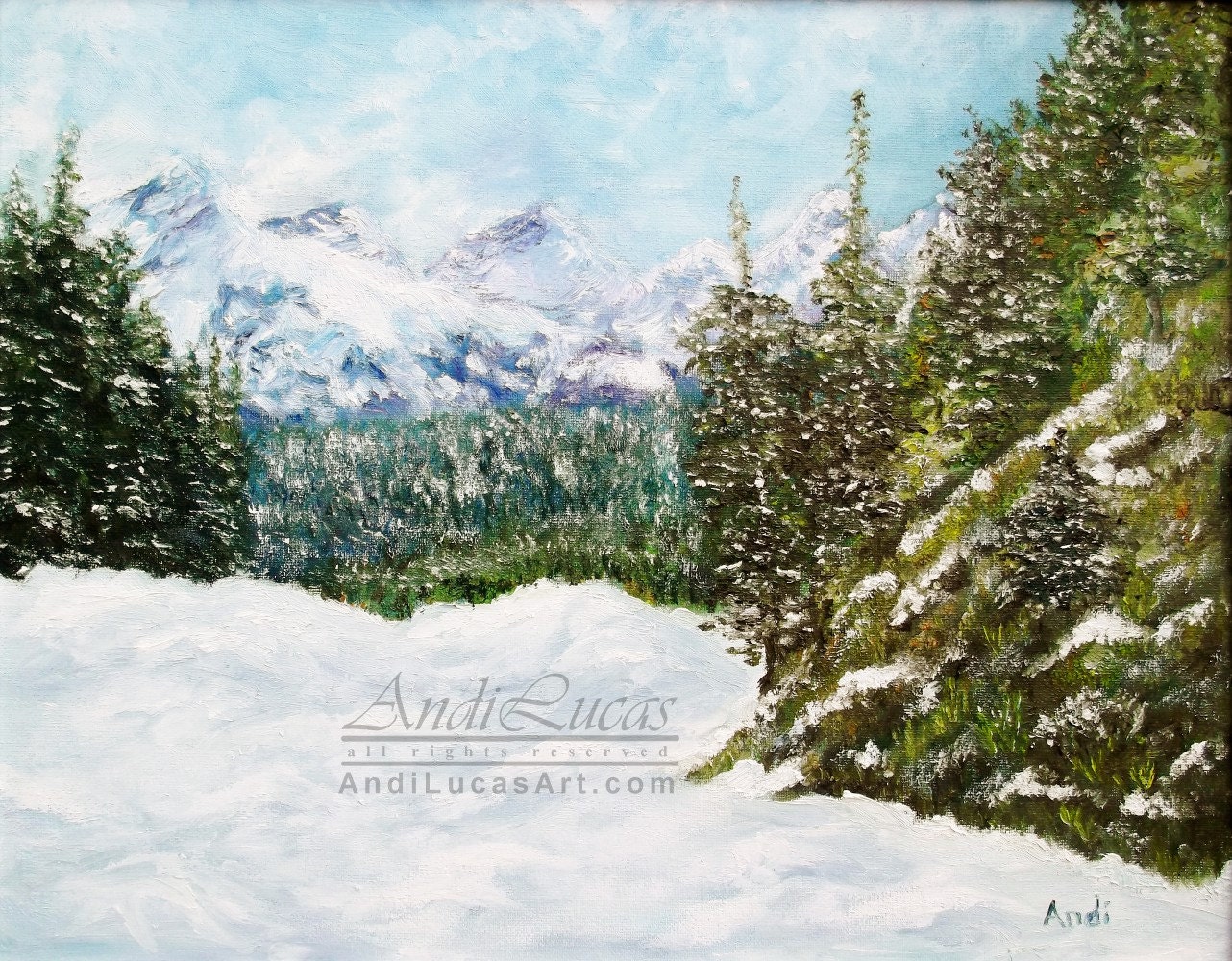 Original Impressionist Oil Painting Snow Alpine Forest Landscape