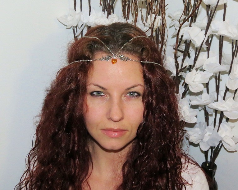 Head Chain Crown Band Piece. Rose and Orange Swarovski Crystal Heart with Silver Chain. Hard Locking Sterling Silver jump rings were used.