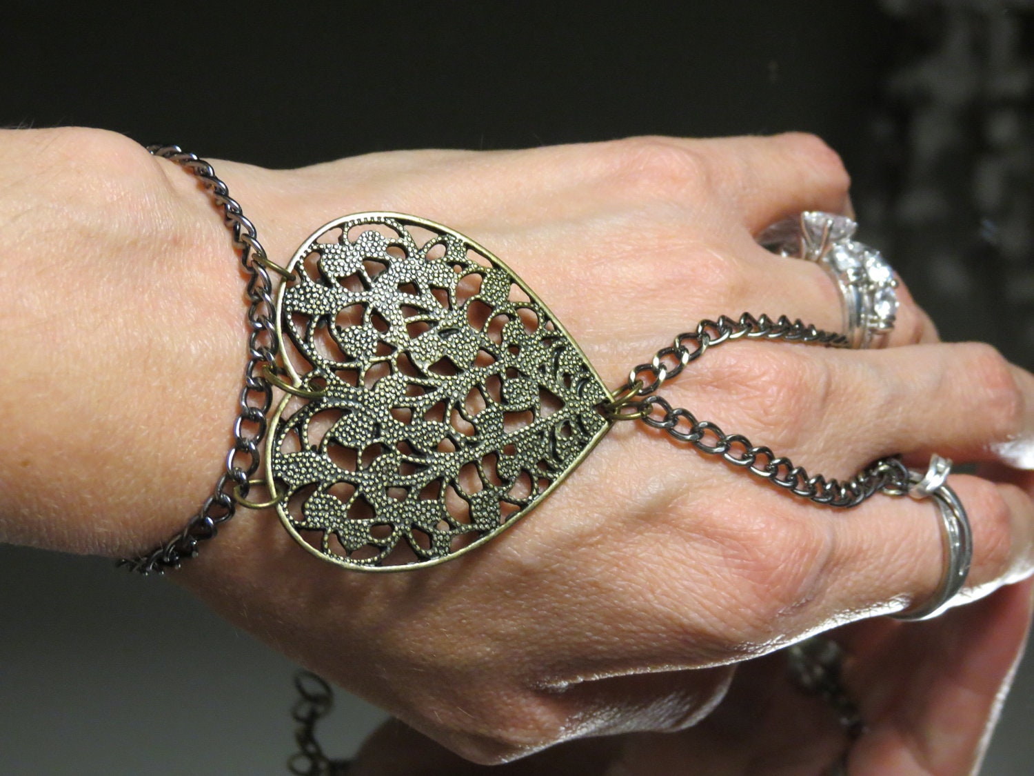 Bronze Heart Slave Bracelet Ring. Filigree heart charm pendant in bronze. Adjustable bracelet sz 6" and up. OOAK