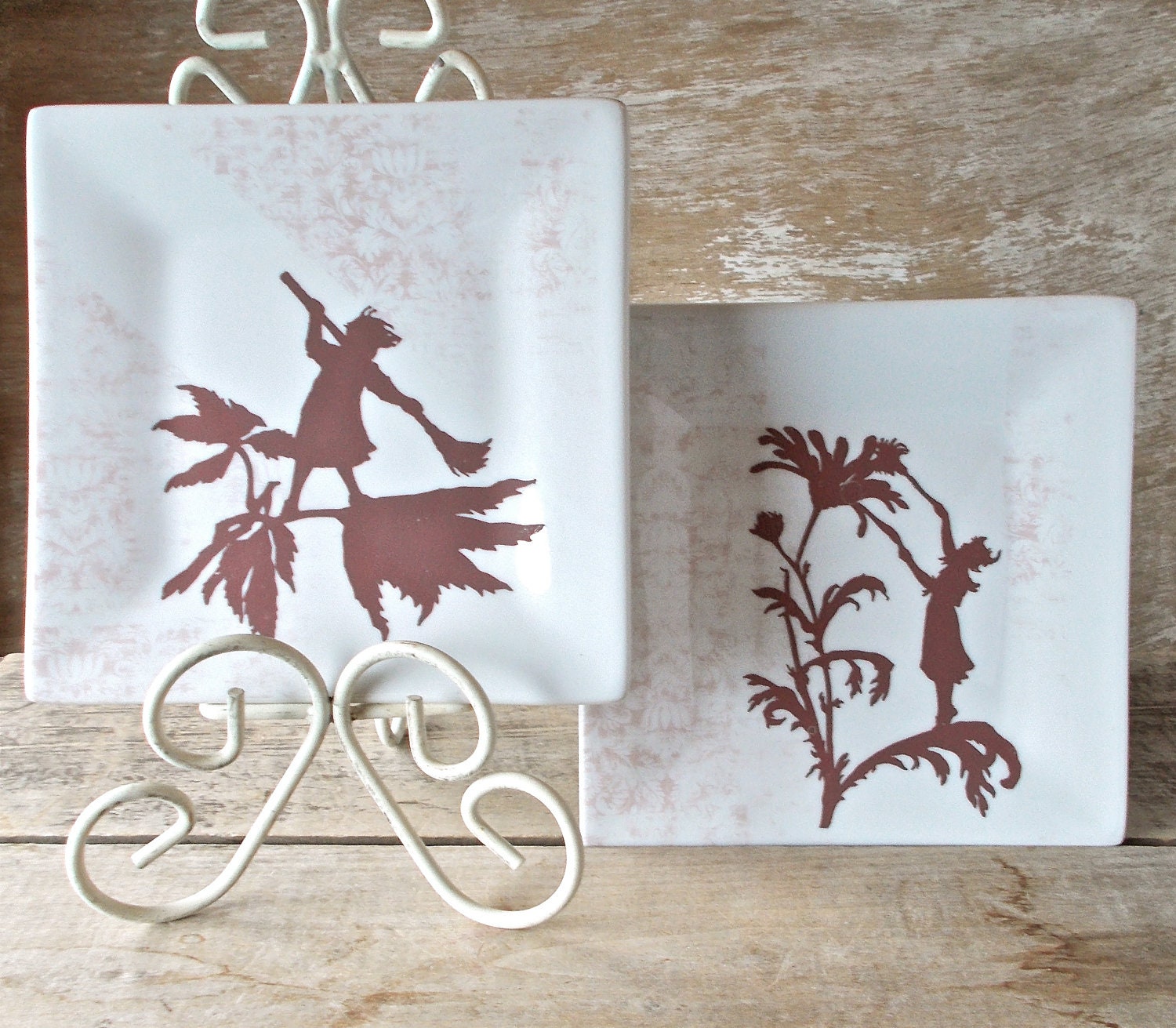 Pair of Square Dessert Plates, Small Square Fairy Silhouettes, Ready to Ship