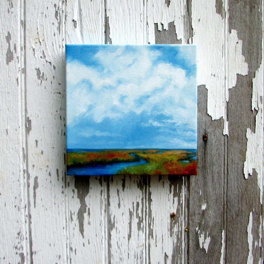 Oil painting original art marshland landscape clouds home decor painting 8x8 - Marshland Journey