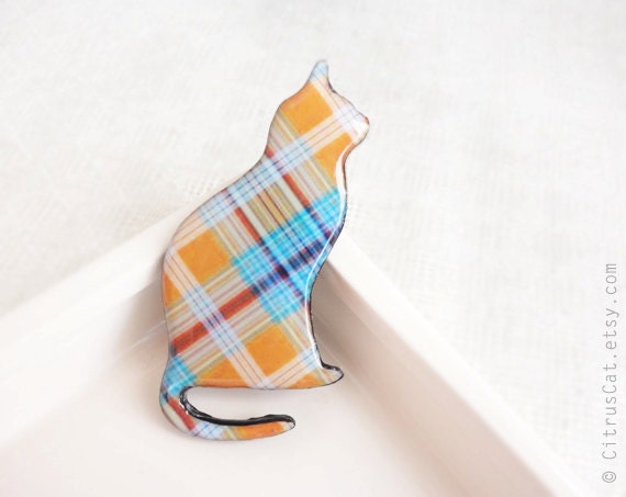 Orange blue plaid cat brooch