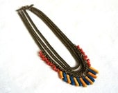 Inca, Necklace - aged bronze chains and ceramic beads in blue, orange and coral