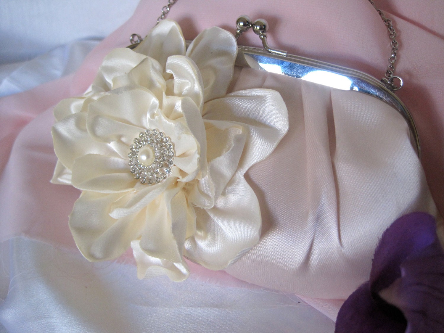 Light Blush Pink Satin Clutch with Beautiful Ivory Open Rose with a Rhinestone and Pearl Accent Bride, Bridesmaid, Mother of the Bride Prom