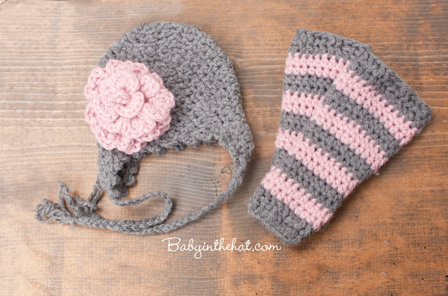 Newborn Flower Pink and Grey Ear Flap Hat And Striped Leg Warmers Photo Prop Set Infant 0-12 Months