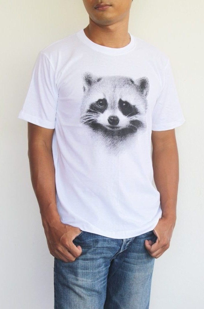 Raccoon T-Shirt- Unisex T-shirt , Short Sleeved Shirt, Animal Screenprint Available In Size S, L.