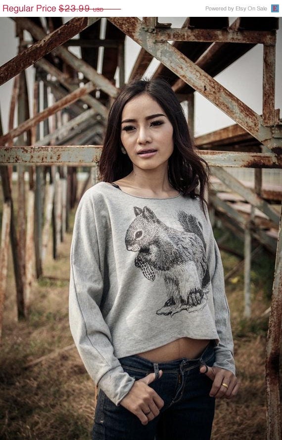 ON SALE Squirrel Sweatshirt Animal Screenprint Shirt Pullover Oversize Bat Wing Style Half Body In Gray sweater.