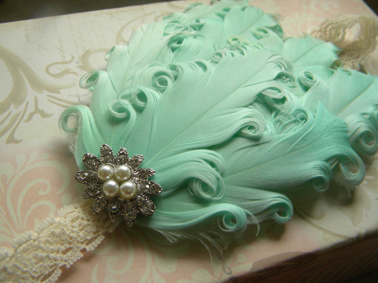 Glam Vintage Inspired Beautiful  Mint Green Feather Headband for Newborn, Toddlers, Girls, PHOTOGRAPHY PROP