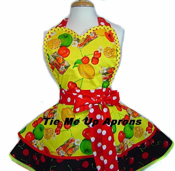 Juicy Fruits-Lemons Cherries Diner Pinup Apron with Red & White Polka Dots