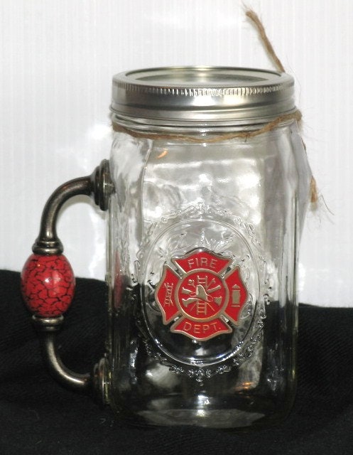 FIREFIGHTER Cowboy Chugger Fireman REDNECK Beer Mug Big Mason Jar w/ handle - Fire Dept metal