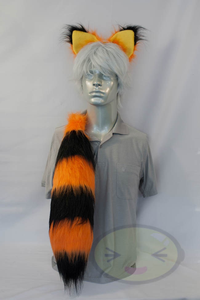 Fluffy Halloween Fox Raccoon Cheshire Cat Tail and Ears Set, Costume, Hand-made, Furry, Cosplay