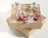 Pink Bracelet, Sterling Silver Chain Bracelet Pink Lampwork & Square Glass Beads Bling Bracelet
