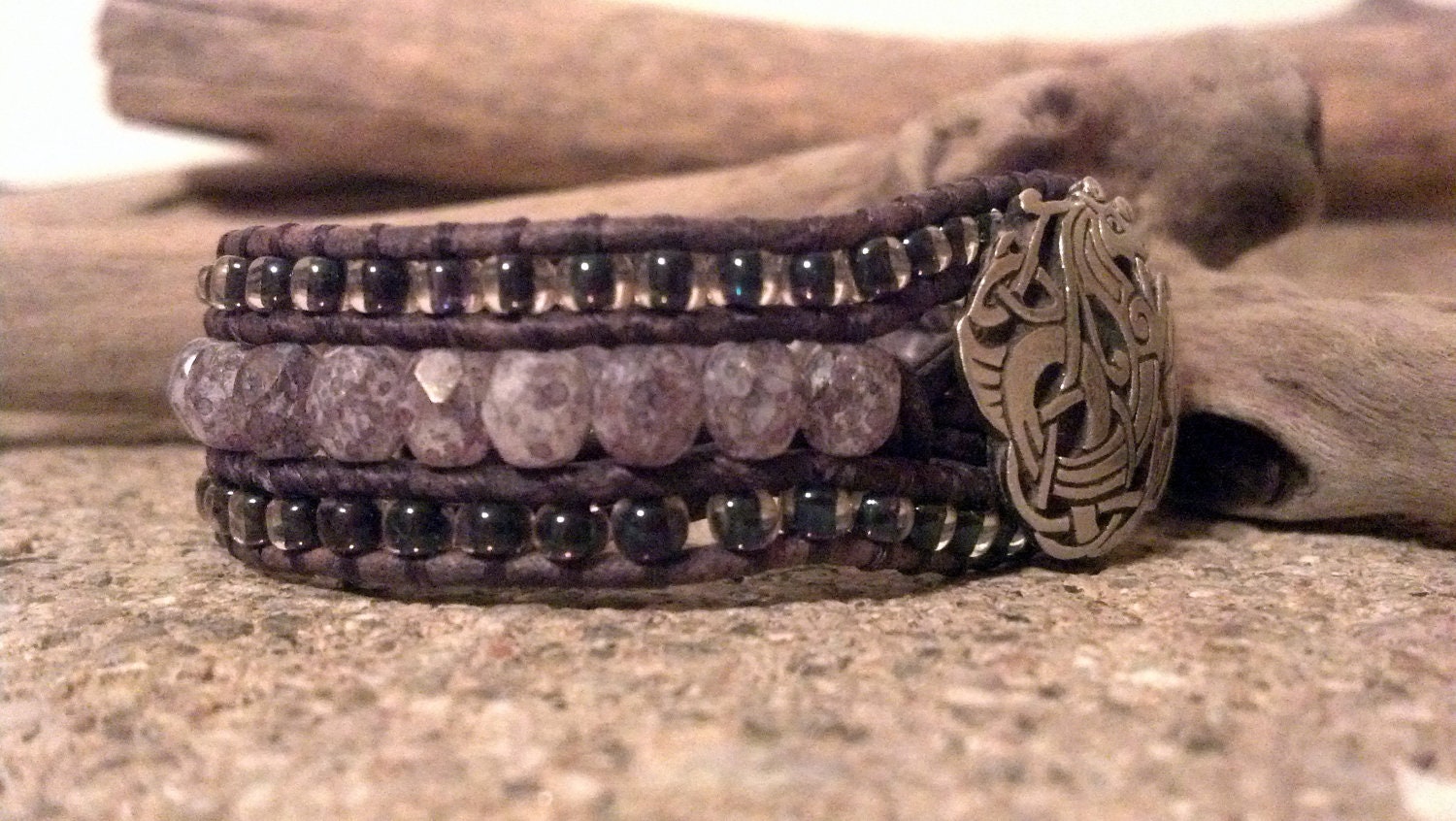 Beaded Leather Cuff Bracelet, Amethyst Stone Luster,  Beaded Leather Wrap Bracelet, Shabby Chic