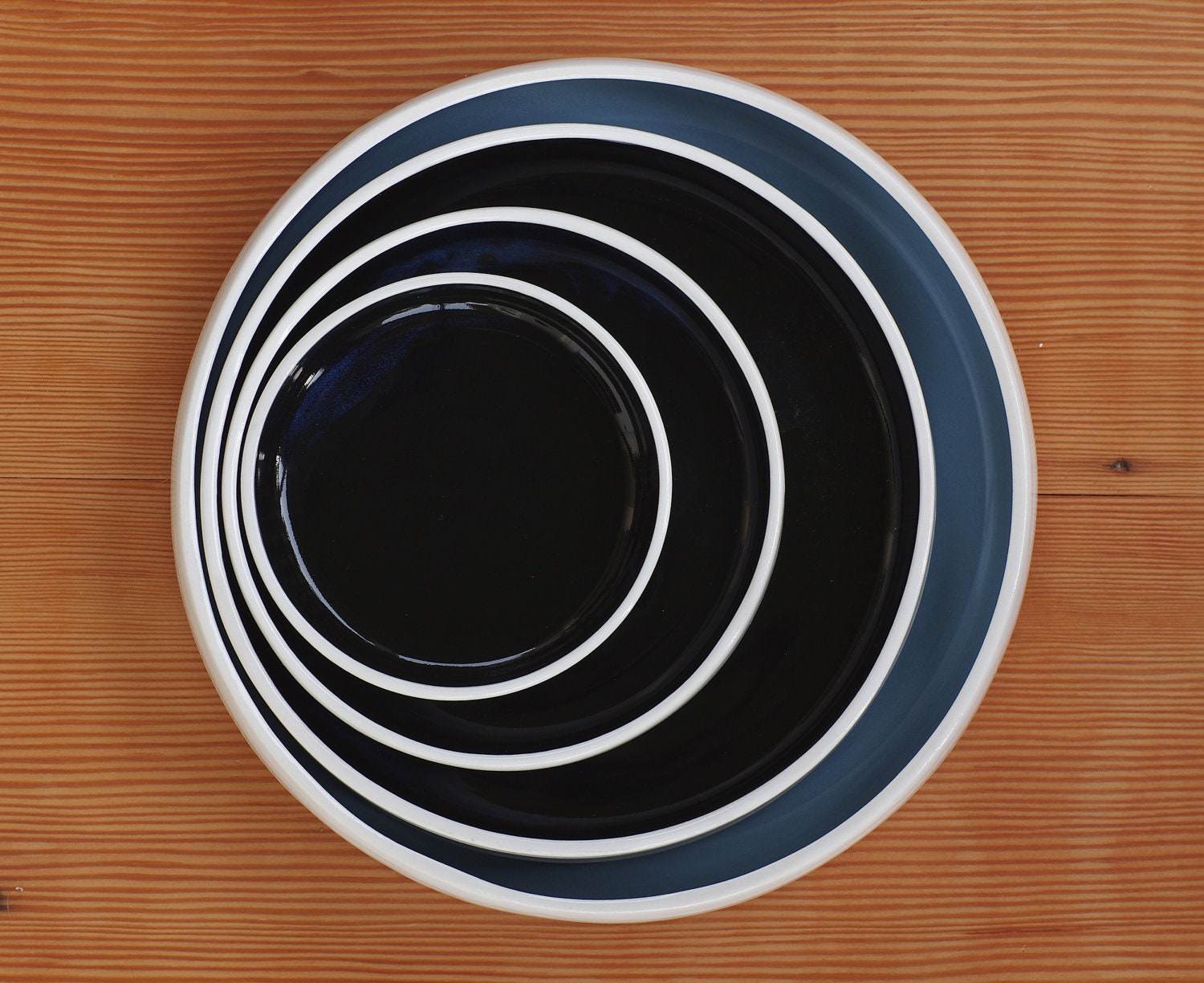 MTO modern pottery white / black nesting serving tray set, white porcelain black & blue glaze, modern pottery minimal ceramics