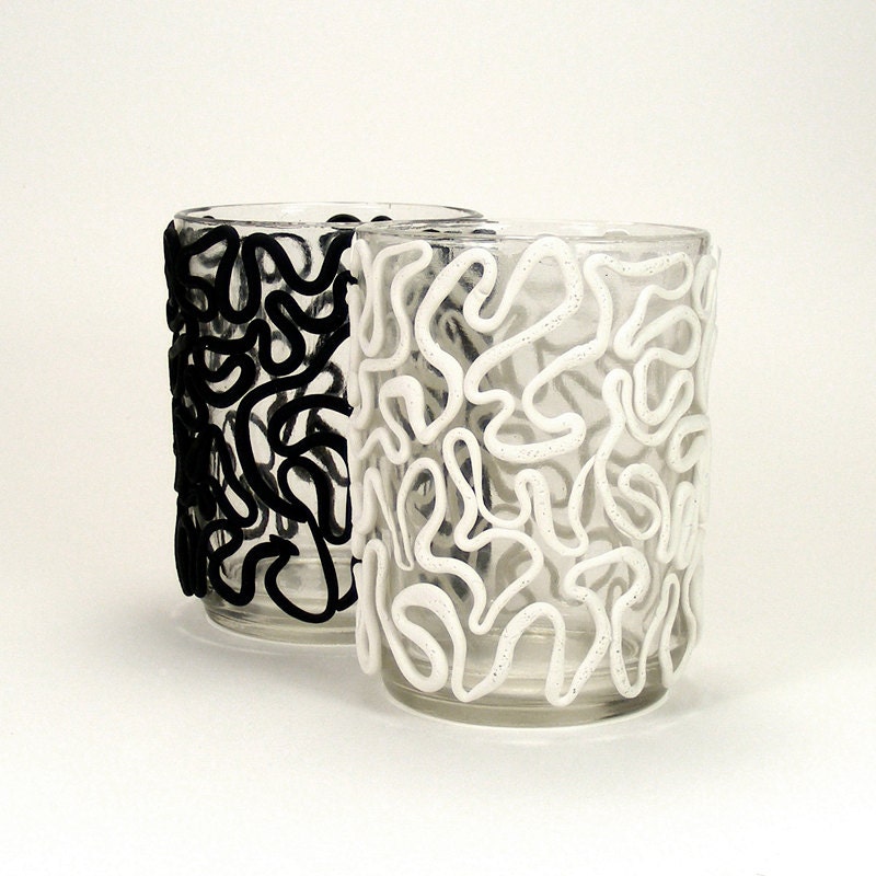 Black & White Clay Lace Set of Glass Votive Candle Holders - Twist / Gift under 30, Victorian, Lace, Bridal, Home Decor