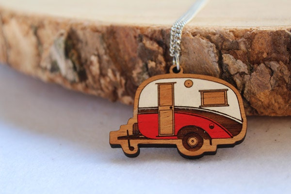 Laser cut wood necklace pendant, Cosy, cute vintage caravan, red and white handpainted