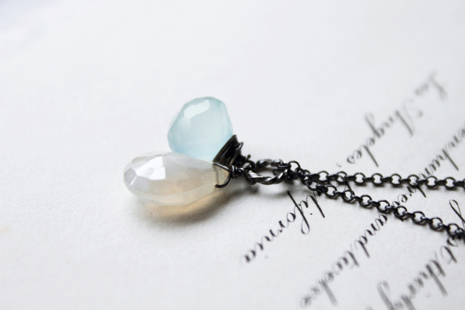 cloud watching. necklace. (blue chalcedony. pearl chalcedony. teardrop. gemstone. oxidized sterling silver. wire wrapped. valentine.)