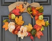 Fall Wreath with Leaves and Pumpkins - Harvest Wreath - Thanksgiving Wreath - 14" Grapevine Wreath