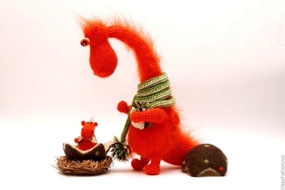 Orange dragon and his baby - crocheted and felted fairy creatures - One of a kind - Made to order