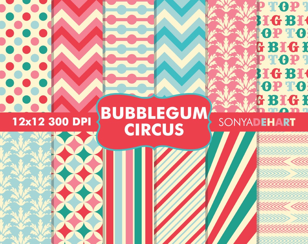Buy 2 Get 1 FREE Digital Scrapbooking Printable Paper Pattern Pack Bubblegum Circus Instant Download