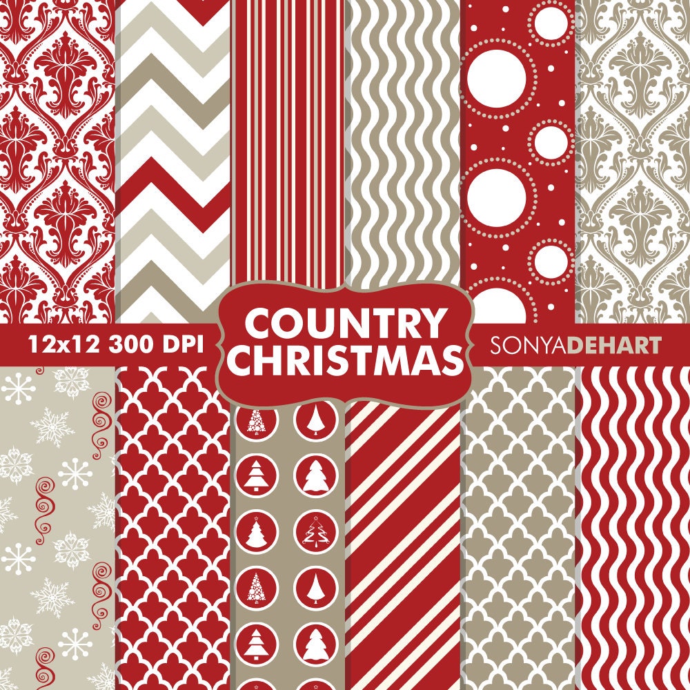 50% Off SALE Digital Scrapbooking Printable Paper Pattern Pack Country Christmas Instant Download