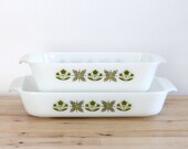 Fire King "Green Meadow" Holiday Baking Dishes - Anchor Hocking Mid Century Casserole Set with Green and Gold Snowflakes and Flowers