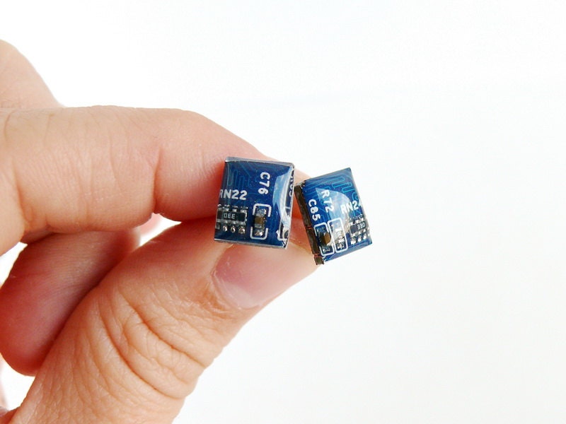 Tiny stud earrings - blue motherboard - recycled computer