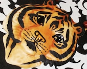 Vintage Handmade Hand painted and Artist Signed Tiger Necklace With Wood Beads Carol Halmy Porcelain Runway Style Necklace