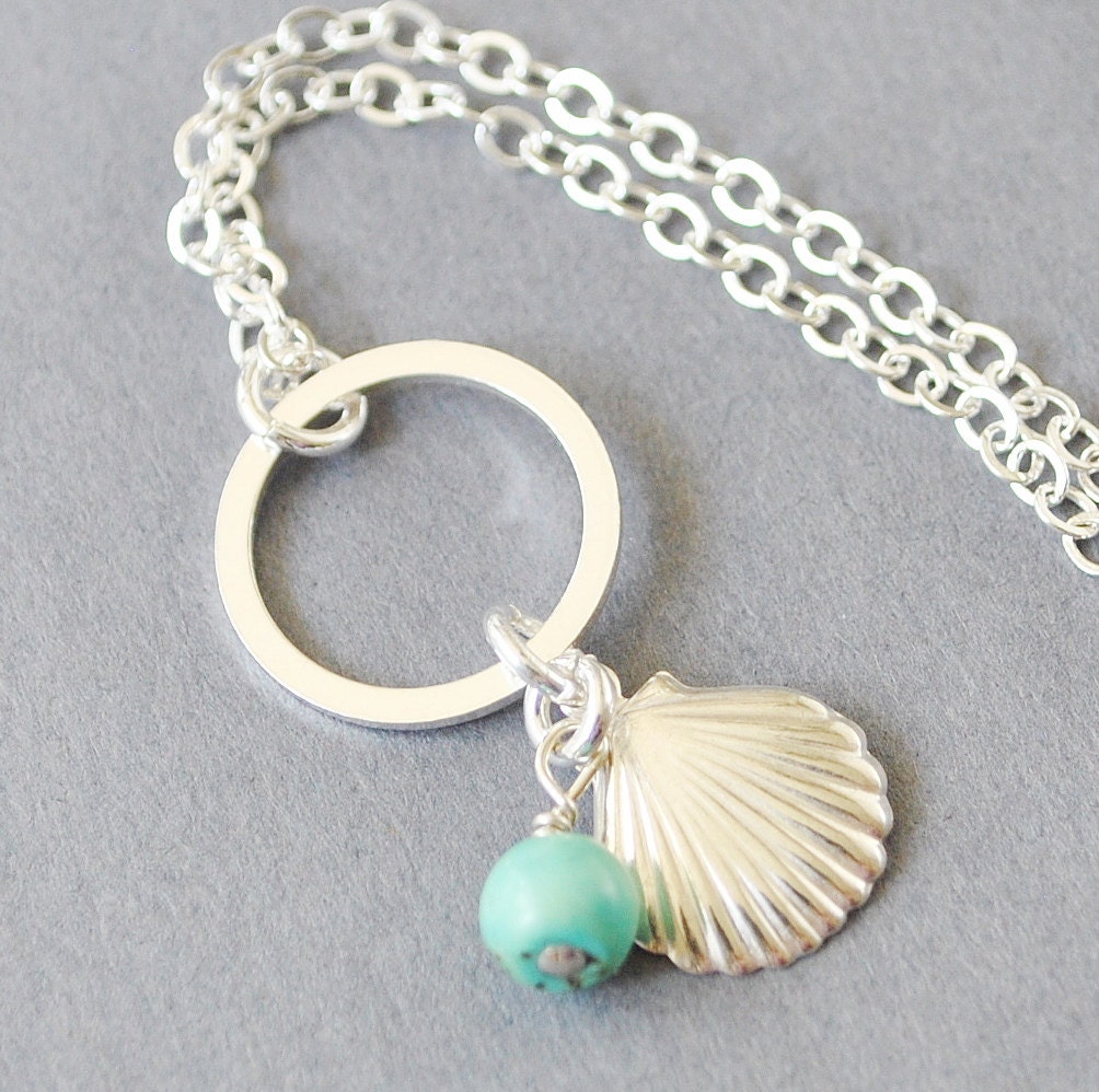 Silver Sea Shell Necklace, Turquoise and Shell Eternity Infinity Pendant Necklace, Bridesmaid Gift, Sterling Silver Nautical Jewelry