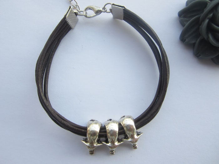 Multilayer leather bracelet---antique silver personality three 3D little cute elephants bracelet & brown leather chain