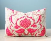 Decorative Cushion Pillow Cover Throw Ogee Lotus Flower 12x16 Lumbar Modern Fluorescent Magenta Gold Hand-Print Screen Print Hostess Gift