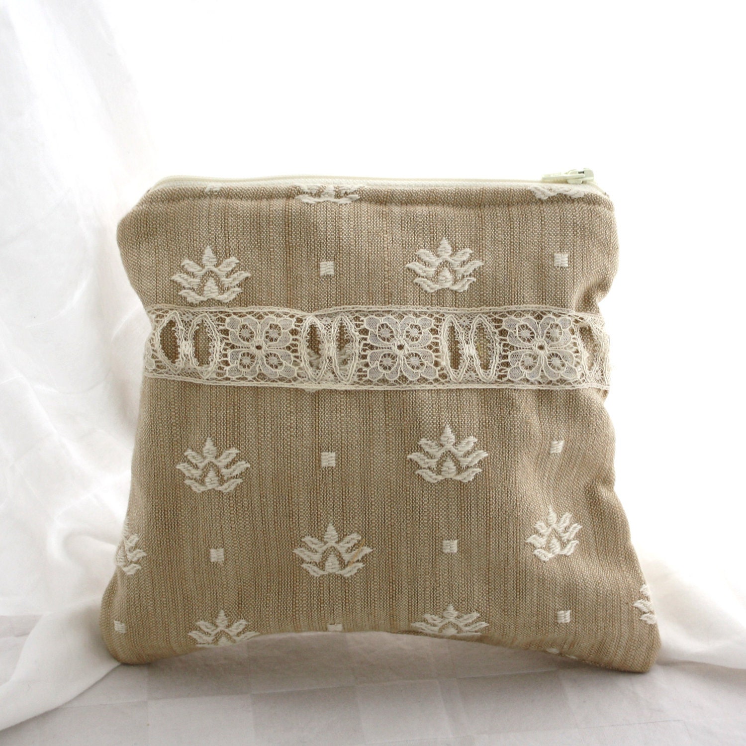 Zipper makeup pouch- Reclaimed antique lace on high end Schumacher fabric. Clutch purse or shabby chic bag.