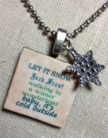 Winter/Snow Subway Art Wooden Tile Necklace with Silver Snowflake Charm on Stainless Steel Ball Chain, Great Holiday, Teacher Gift