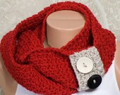 On SalE. RED Cowl Scarf. Crochet hand made scarf. Winter scarf. Christmas scarf with stone band and a cream and black buttons.