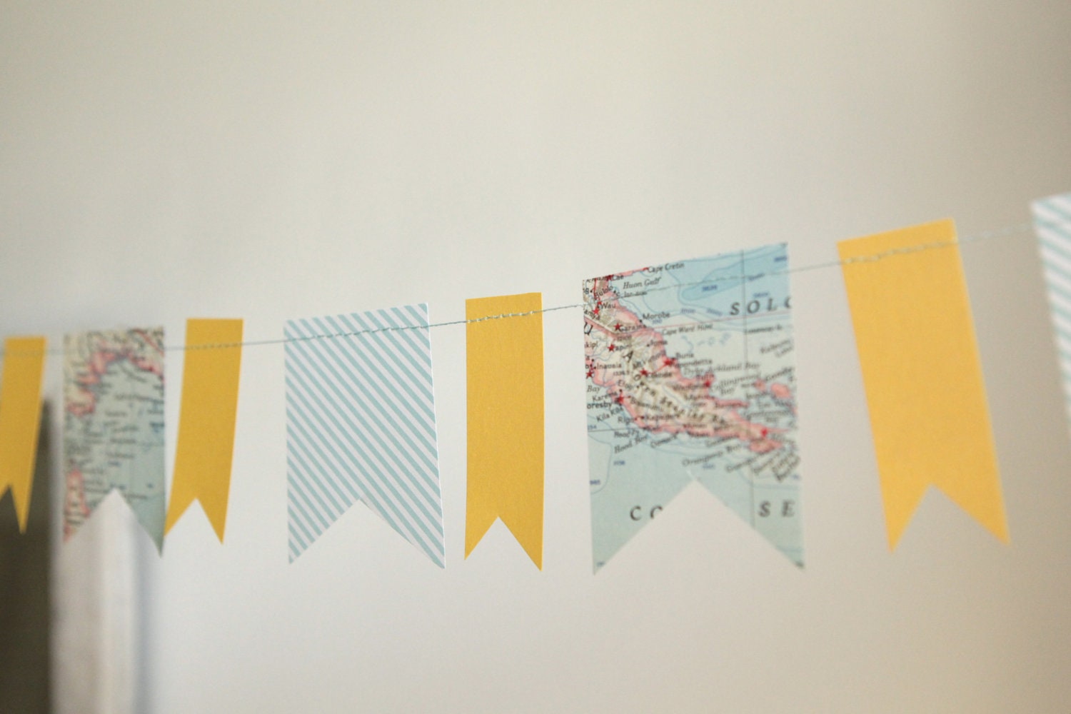 vintage maps, yellow, blue and white stripy pennant garland