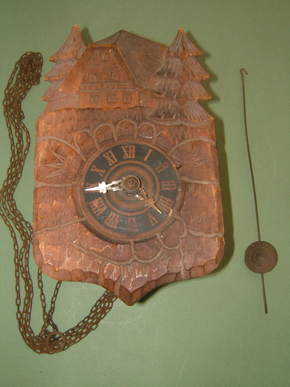 Edwardian Black Forest Wooden Wall Clock - With Pendulum Chain & Metal Hands