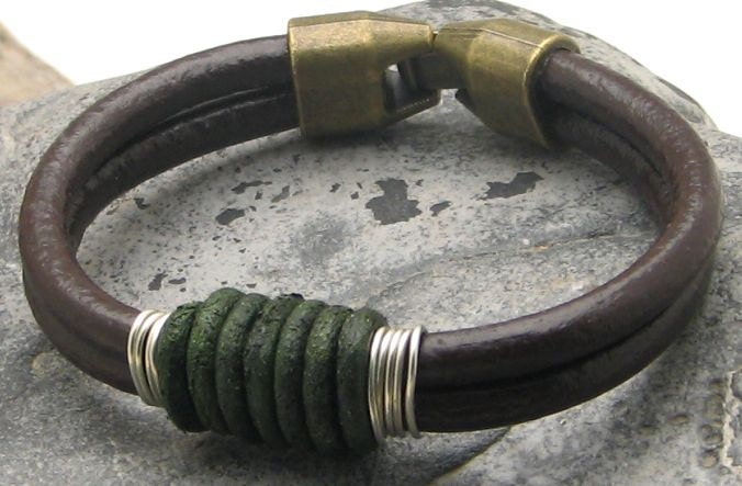 FREE SHIPPING Men's leather bracelet Brown and green leather bangle bracelet with silver plated wire and antique brass plated clasp
