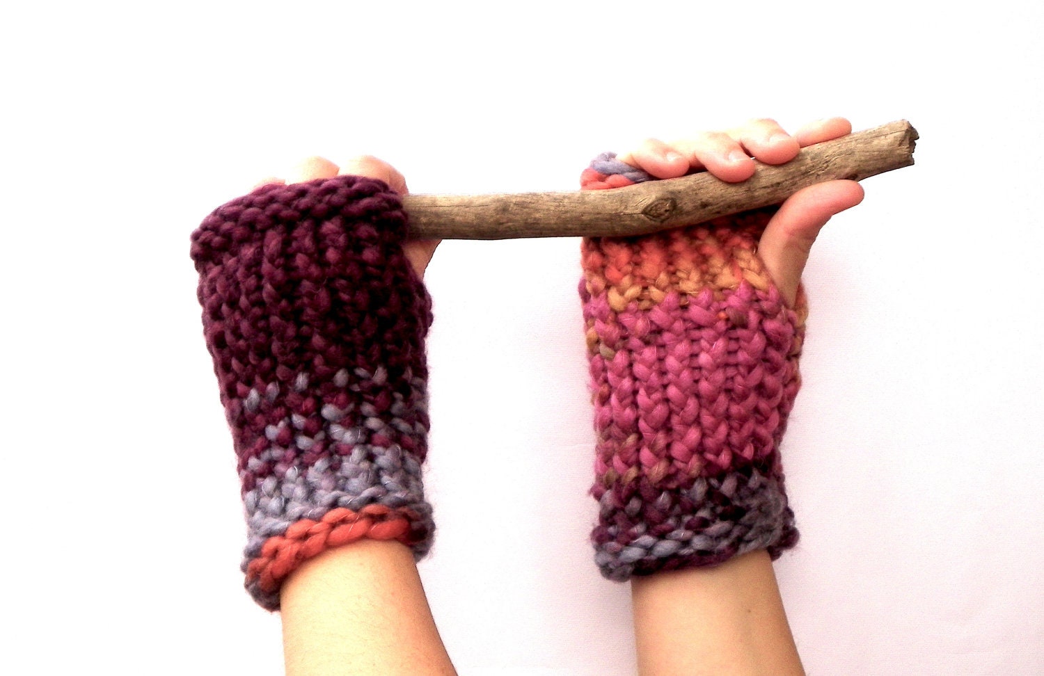 Chunky Fingerless Gloves, Plum and Fuchsia Fingerless Mittens, Womens Warm Gloves, Woodland mitts, Winter fashion,