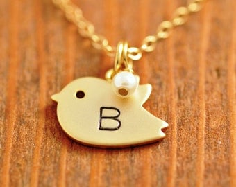 Handstamped Bird Necklace - initial necklace, birthstone necklace, mom necklace, gold bird necklace, monogrammed necklace
