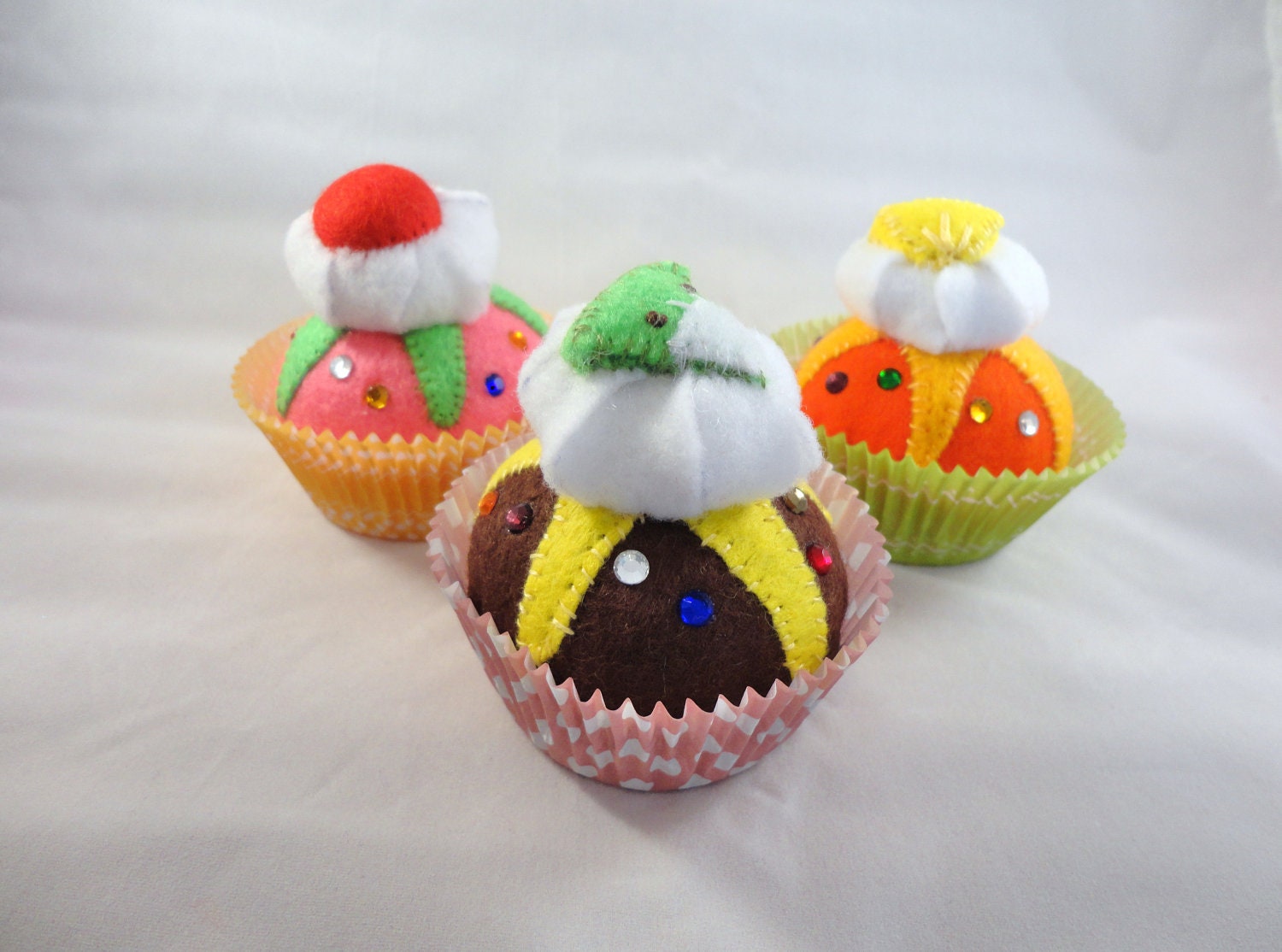 3 felt cupcakes with whip cream and fruit: cherry, pineapple, kiwi pink, brown, orange, red amigurumi miniature pretend sweet lolita