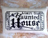 Halloween Pillow, Haunted House, Ticket, Witch, Broom, Bats, Admit One, Cottage Decor, Decor, Home Decor, Housewares, Decorative Pillows
